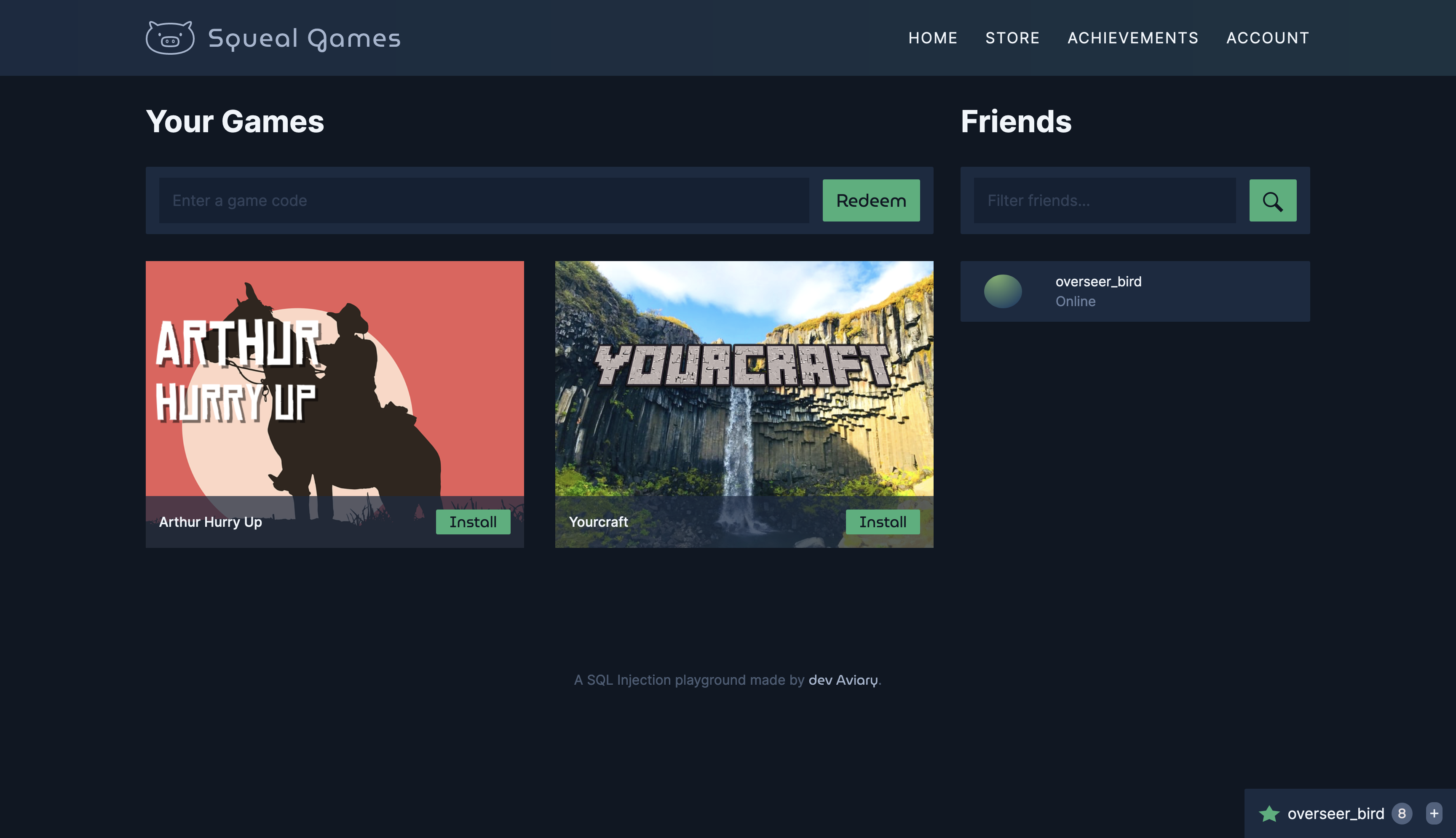 SQLI playground: Squeal
Games home page